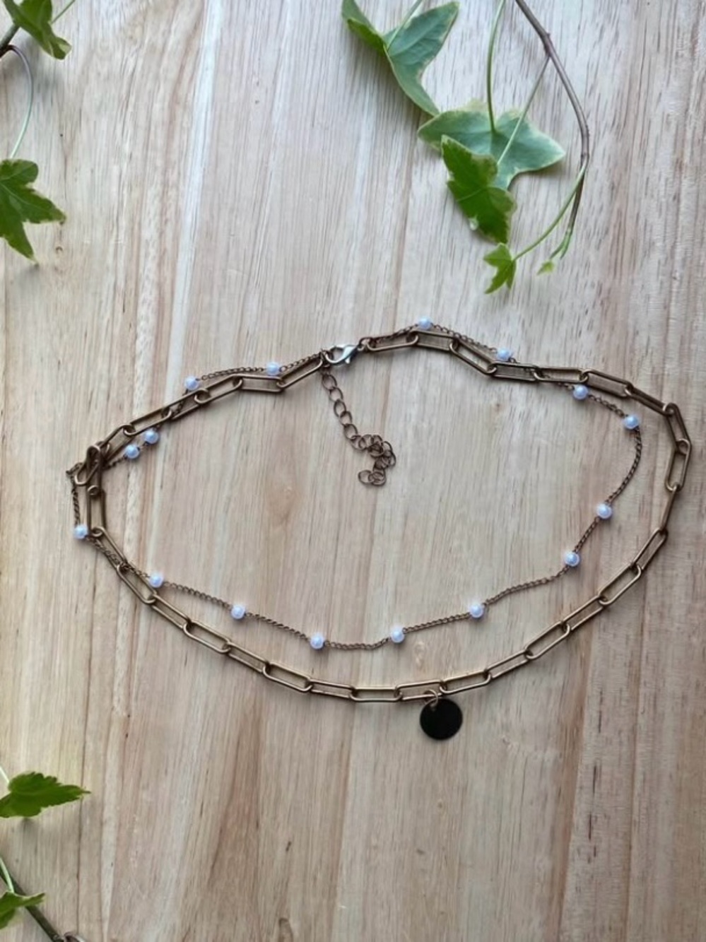 Adjustable Layered Gold-Tone Chain Necklace with White Bead pearl Accents